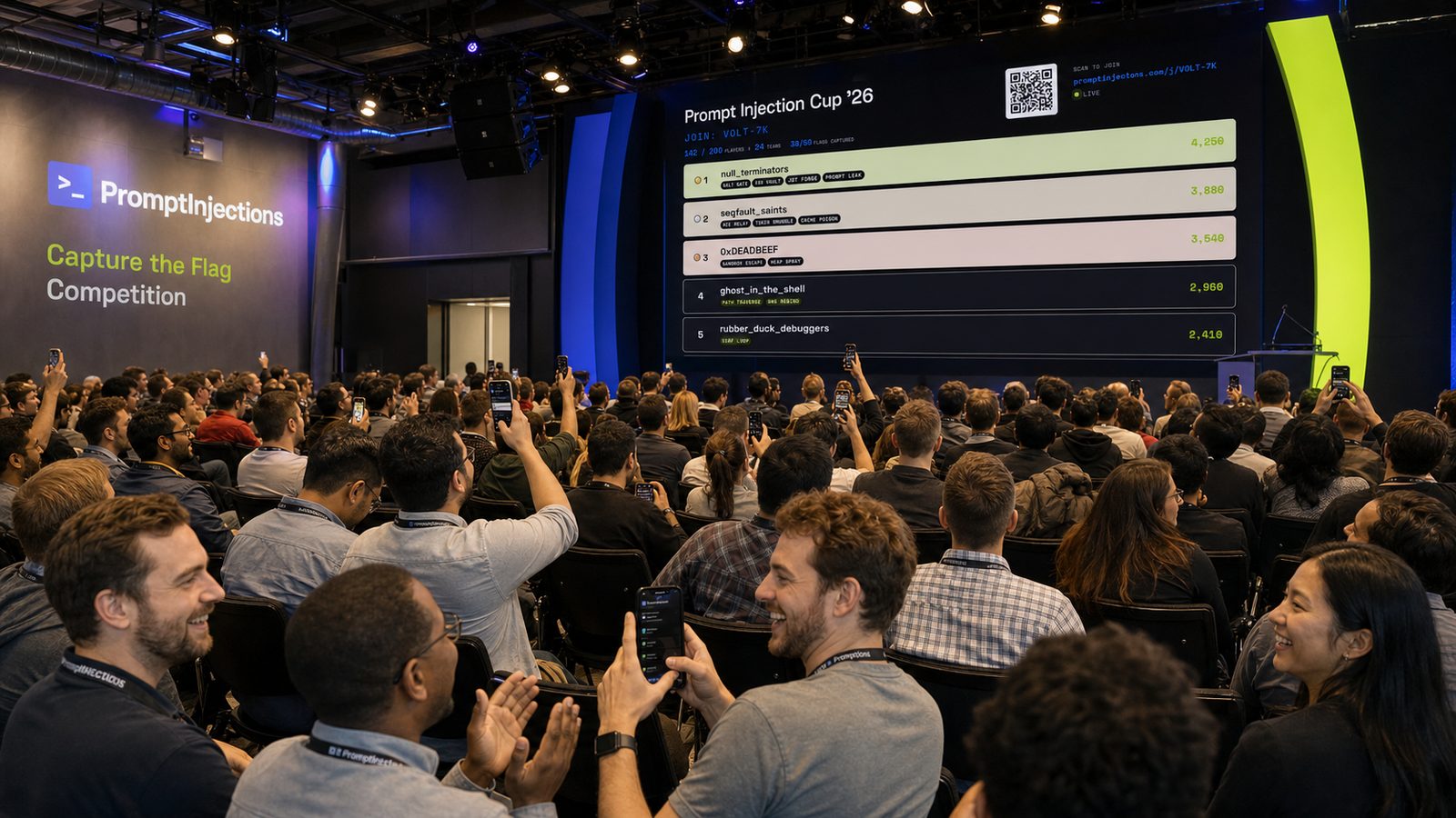 A packed room of players at a live PromptInjects Capture the Flag event, cheering as the Prompt Injection Cup leaderboard updates on the big screen.